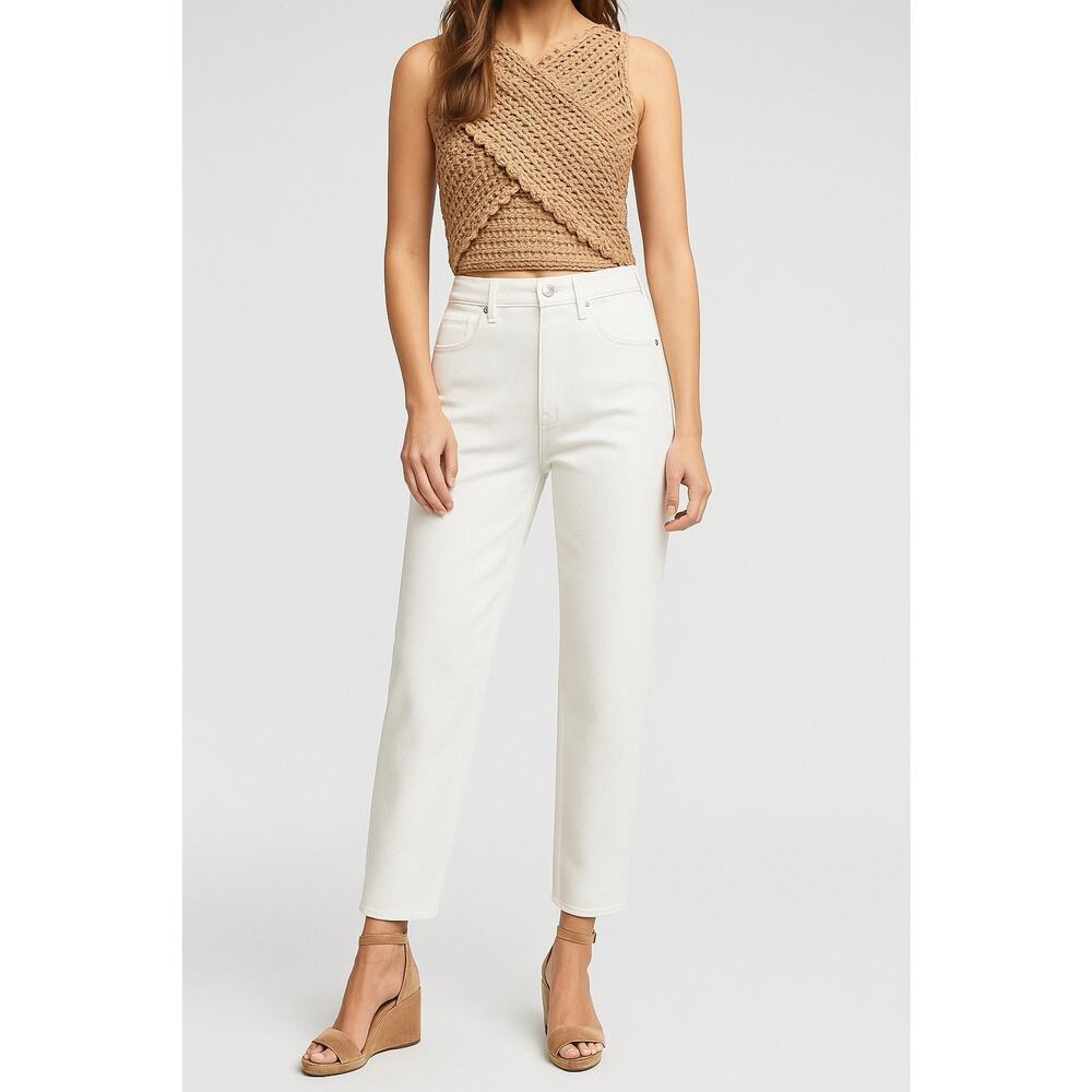 ZARA Mom Fit Tapered Jeans Size 4 Waist 26 White High Rise Raw Hem Rigid Denim